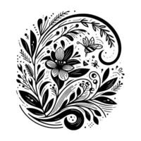 Intricate floral and fauna illustration in bold black lines, forming an ornate circular of a central flower, leaves, and buzzing bees on a white background. vector