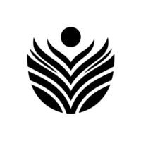 Abstract black and white of a stylized person, inside of a halfcircle, with outstretched arms, and a sun above their head. vector