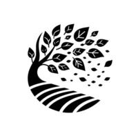 Monochrome Illustration of a WindBlown Tree, Featuring Leaves in Flight Above a Striped Landscape. The shows movement and nature on a white background. vector