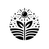 Celestial Floral Emblem A stylized black and white illustration of a flower blossoming under a sun radiating light and surrounded by a starry cosmos within a circular frame, suggesting growth and cos vector