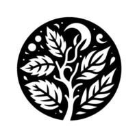 Intricate Black and White Circular Illustration Featuring a Tree with Leaves, Crescent Moon, and Celestial Accents. vector