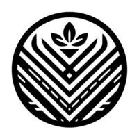 Monochromatic geometric featuring a stylized leaf motif within a circular frame, composed of bold lines and shapes. vector