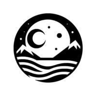 A minimalist black and white circular depicting a night scene with a crescent moon, stars, mountains, and ocean waves. vector