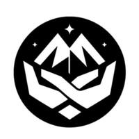 Abstract Geometric Hands Cupping Mountains Under Stars within a Black Circle, Symbolic of Protection and Nature vector
