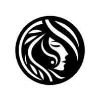 Elegant Black and White Silhouette A Womans Profile Within a Circle, Featuring Flowing Hair and Serene Expression, Ideal for a . vector