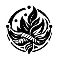 Monochromatic, symmetrical botanical , featuring stylized leaves, a woven element, and circular framing, with a minimalist aesthetic. vector