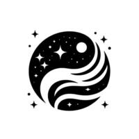 Celestial Yin Yang A stylized monochrome emblem depicting cosmic balance, featuring stars, a moon, and flowing organic forms within a circular composition. vector