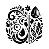 A stylized, circular black and white illustration featuring floral elements like leaves, petals, teardrops, and an almondshaped form, creating a decorative and harmonious . vector