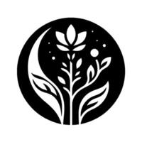 A stylized, monochromatic botanical illustration of a plant with a crescent moon silhouette, enclosed within a circular frame, featuring minimalist dots. vector