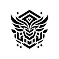 A symmetrical, black and white geometric features stylized birdlike wings, arrows, and diamond shapes arranged within a symmetrical, ornate pattern. vector