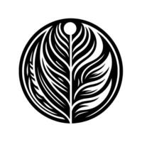 A stylized, symmetrical black and white , presenting a leaflike enclosed in a circular frame, evocative of nature. vector