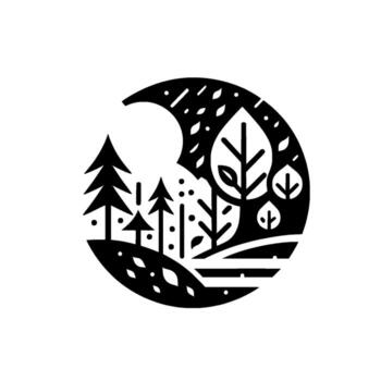 Monochrome stylized forest scene within a circle. Featuring trees, leaves, a hill, and celestial elements, presented in a minimalistic, art style. vector