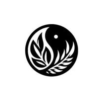 Yin Yang Circle with Leafy Emblems A monochromatic depiction of balanced nature and harmony, featuring a stylized black and white symbol on a white background. vector