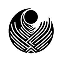 Abstract Black and White Geometric A Circular Composition with Intersecting Lines, Curves, and a Black Sphere on a White Background. vector