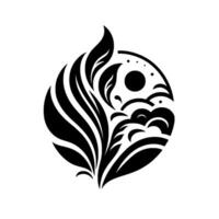 Intricate black and white circular featuring stylized leaves, sun, and clouds, representing balance and natures harmony on white background. vector