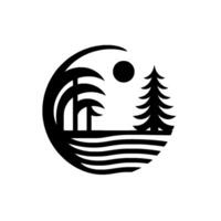 Simplified Black and White Circular Landscape Palm Trees, Fir Tree, Sun, and Water Elements Creating a Minimalist Coastal Scene. vector