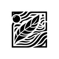 A minimalist black and white square composition featuring a central leaf, stylized waves, and celestial orbs, suggesting balance and nature. vector