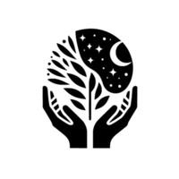 A silhouette illustration depicts hands cupping a treelike structure split between a starry night and a leaffilled day, symbolizing balance. vector