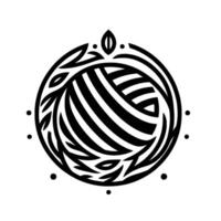 Intricate black and white circular with a central striped sphere, surrounded by stylized foliage and dots, set against a stark white background. vector
