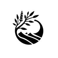 A minimalist black and white emblem with a tree and foliage encompassing a mountain range within a circular frame. vector