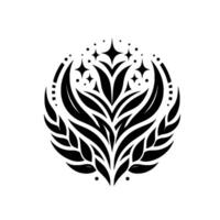Intricate Black and White Botanical Mandala with Starburst Accents and Detailed Leaf in a Circular Composition on a White Background. vector