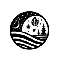 A monochrome circular depicting a night landscape with a crescent moon, stars, stylized leaves, rolling hills, and evergreen trees, enclosed within a black border. vector