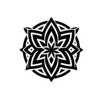 Intricate black and white geometric floral mandala , featuring layered petals radiating from a central core, enclosed by a ring. vector