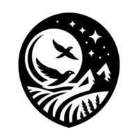 A stylized monochrome emblem of two birds in flight against a moonlit sky, with fields, mountains, stars, and wheat. vector
