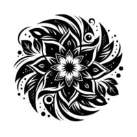Intricate Black and White Floral Mandala with Leaf Elements, Concentric Patterns, and Ornate Detailing vector
