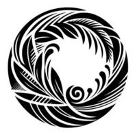 intrincado negro y blanco circular De inspiración polinesia presentando estilizado hojas, remolinos, y geométrico elementos, creando un simétrico y decorativo motivo. vector