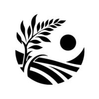 Stylized black and white of a field with a sun, wheat stalk, and a semicircular landscape, evoking harmony and simplicity. vector