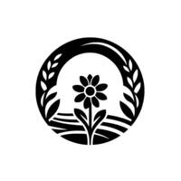Elegant Black and White Floral Emblem A stylized daisy within a circular frame adorned with foliage and horizontal lines, conveying simplicity and harmony. vector