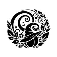 Intricate Black and White Halloween Emblem Witchs Hat, Pumpkin, Swirls, Leaves, and Tiny Bats in a Decorative Circle . vector
