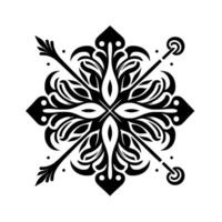 intrincado negro y blanco floral cruzar presentando flechas, puntos, y estilizado hoja motivos en un blanco antecedentes. vector