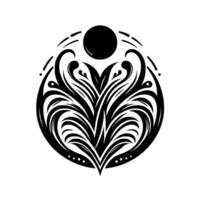 Elegant Black and White Floral in Circular Arrangement with a Central Sphere and Detailed Curvilinear Leaves and Decorative Elements. vector