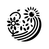 Stylized Black White Floral Illustration Two Flowers within a Circle with Leaves, Dots, and Arcs, Minimalist . vector