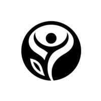 Bold, stylized black and white featuring a humanlike figure within a circle, with outstretched arms and a leaflike element. vector