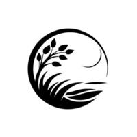 Monochrome Landscape Branch, Blades of Grass, and Crescent Moon Contained Within a Circular Frame. vector