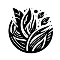 Abstract Black and White Floral Featuring a Circular Composition, Leaves, Dots, and Stripped Texture on White Background. vector
