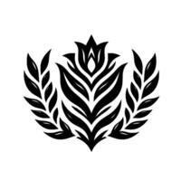 monocromo floral cresta presentando simétrico estilizado hojas, un central flor, y un laurel guirnalda acuerdo, en un blanco antecedentes. vector