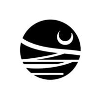 Abstract Black Circle with Crescent Moon and Horizontal White Lines Resembling Landscape Elements vector