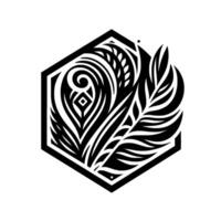Intricate Black and White Floral Enclosed in a Hexagonal Frame, Featuring Leaves and Spirals, on White. vector
