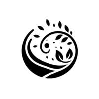 A stylized black and white emblem featuring a spiral formation with leaves and dots, representing growth, nature, and harmony within a circular frame. vector