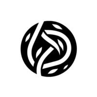 Abstract Monochromatic A circular emblem featuring stylized white ribbons and leaf elements against a black background. vector