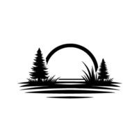 Silhouette of a nature scene with coniferous trees, tall grass, and a stylized sun or moon over water, in black on white. vector
