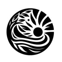 A stylized black and white circular featuring flowing lines, leaves, and a central sunlike element, evoking natures harmony. vector