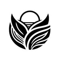Stylized black and white featuring a circular arrangement of leaves and a handlelike sun shape. vector