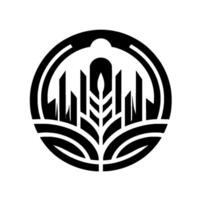An elegant black and white depicts an abstract stylized wheat stalk with skyline silhouettes encased in a circular frame, symbolizing growth and community. vector
