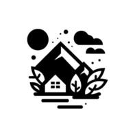Serene Black and White A Mountain Cabin Scene with Natures Embrace, Featuring Sun, Clouds, and Lush Foliage in a Minimalist Style vector