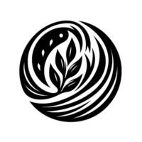 A stylized, minimalist black and white featuring a swirling circular pattern incorporating a stylized bird, leafy branches, and the essence of the Yin and Yang symbol. vector